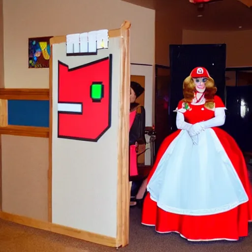 Image similar to a woman cosplaying nintendo mario in an opera gown