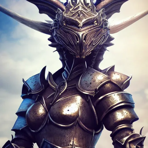 Prompt: highly detailed realistic stunning shot of a beautiful anthropomorphic female knight but as a hot dragon, doing a majestic pose, well designed female dragon head, armor made of steel, sharp claws, HD octane render, epic cinematography, fantasy, Artstation, Deviantart, Furaffinity