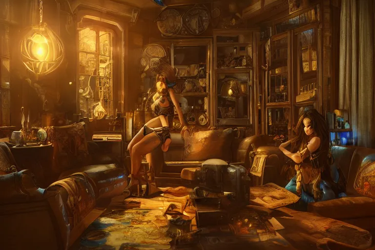 Prompt: beautiful women in the interior of a steampunk apartment, by Joe Madureira, 3d scene, render, ultra realistic, ray tracing, night time, volumetric light, artstation, cgsociety, level design, unreal engine, 3d scene, zenith view