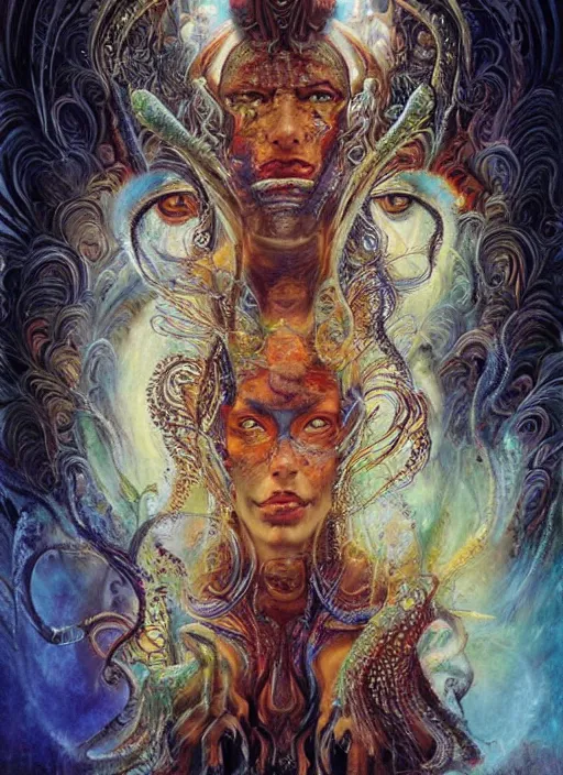 Image similar to ayahuasca ritual with shamans, painted face, third eye, energetic consciousness psychedelic, dmt, epic surrealism expressionism symbolism, perfect, by karol bak, louise dalh - wolfe, pablo amaringo, masterpiece