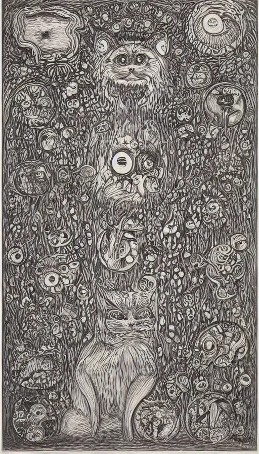 Image similar to The end of an organism, by Louis Wain engraved on a wooden board, collored