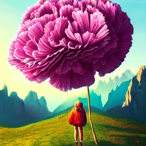 Image similar to giant carnation flower as a head, girl hiking in the dolomites, surreal photography, sunrise, dramatic light, impressionist painting, colorful clouds, digital painting, artstation, simon stalenhag