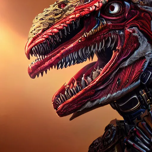 Image similar to portrait art of 8k ultra realistic raptor with shining red eyes, detailed intricate ornate armour, decaing, cybernetic, full of colour, cinematic lighting, battered, trending on artstation, 4k, hyperrealistic, focused, extreme details, unreal engine 5, cinematic, masterpiece, art by ayami kojima, giger