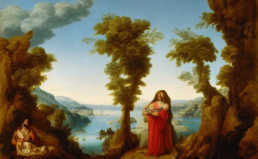 Prompt: jesus and mary magdalene standing on a cliff looking over a beautiful landscape, paradise, arcadia