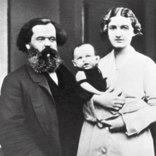 Image similar to Karl Marx and Ayn Rand holding baby, photo, 1920, hospital backround