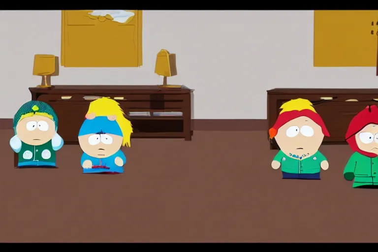 Image similar to a famous scene from Southpark in clay, 3d render, unreal engine