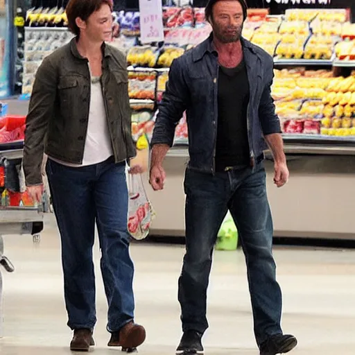 Image similar to photo of wolverine Hugh jackman in full X-men costume grocery shopping