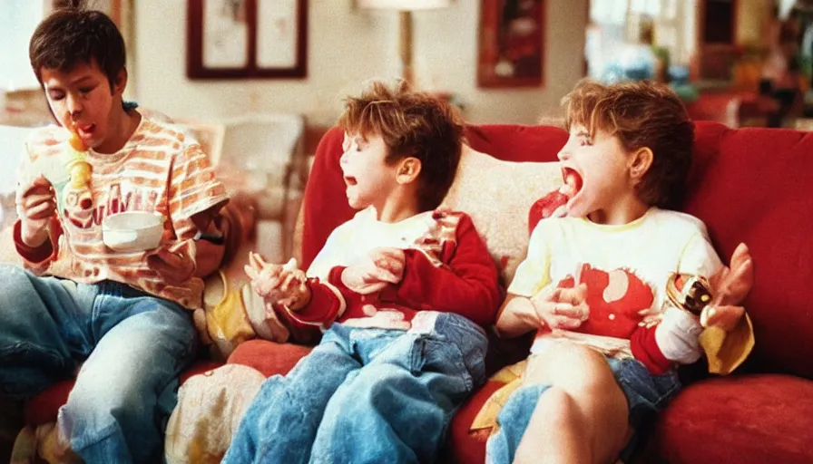 Image similar to 1990s candid 35mm photo of a beautiful day in the family kitchen , cinematic lighting, cinematic look, golden hour, Nintendo's Kirby is eating the family sofa, kids are crying, the Sofa is in Kirby's mouth, UHD