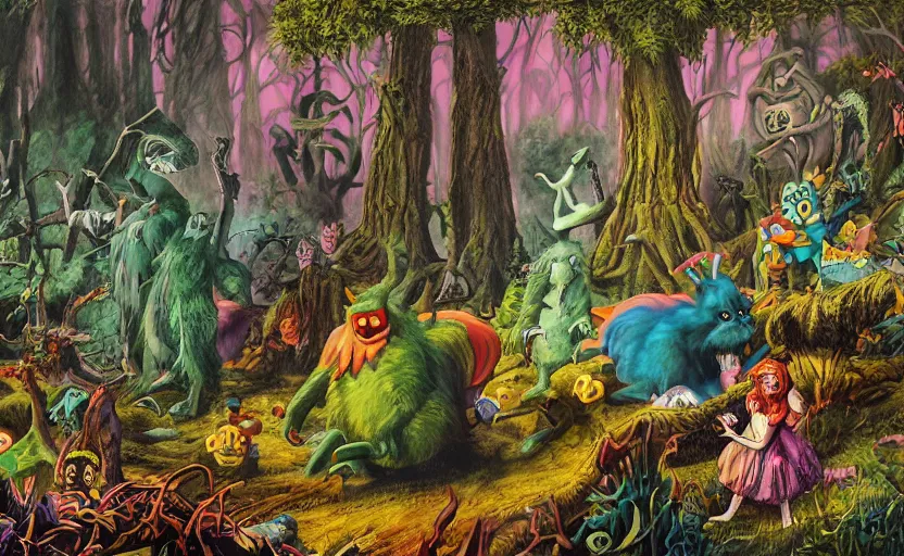 Prompt: a scene of colorful cartoon monsters in the clearing of a dark fantasy forest surrounded by darkness. hyperrealist illustration. muted colors. 1 9 7 0's pulp science fiction and fantasy cartoon for alice in wonderland and wizard of oz. highly detailed and richly colored painting by don ivan punchatz.