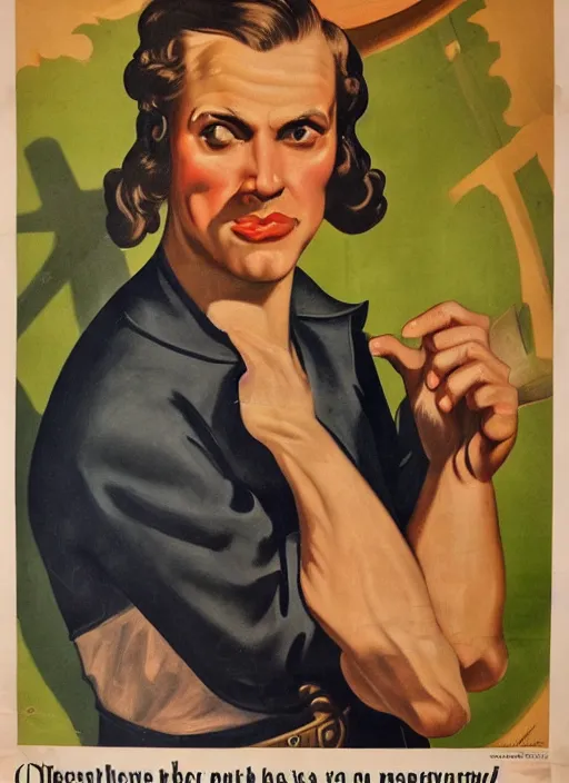 Prompt: portrait of glamorous medieval man with annoyed gesture, 1940s propaganda poster, full hd,highly detailed