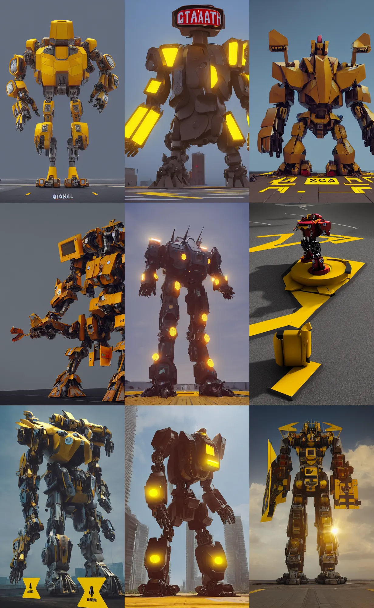 Prompt: giant mecha guardian made of yellow road signs and a red stop sign on its head, character design trending on artstation, mecha, unreal engine, octane render, detailed model, hardsurface modelling, heavily stylized