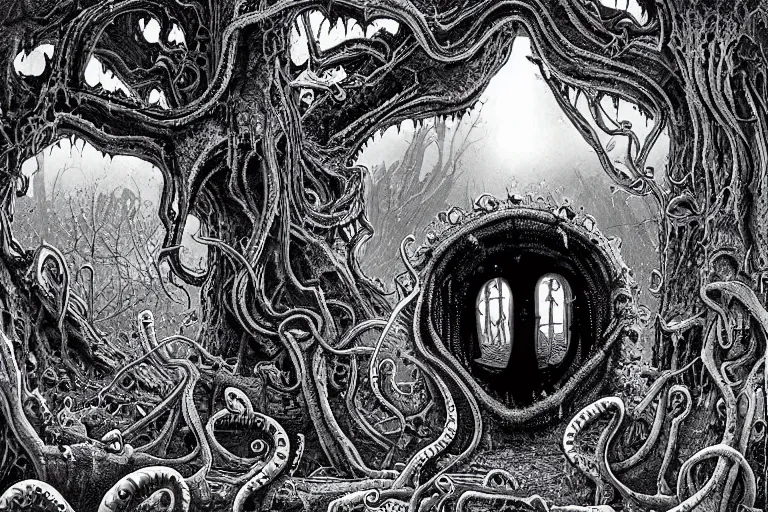 Image similar to portal to a lovecraftian realm in the malt field woods by Joe Fenton