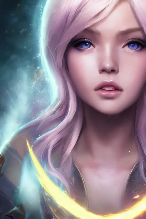 Image similar to ultra realistic facial portrait of lux from league of legends, digital art, character portrait, highly detailed, trending on artstation, lens flare, atmosphere, hyper realistic, cinematic lightning, sharp focus, unreal engine 5, extreme details perfect face, pretty face, fine - face, illustration, 8 k, ultra texture, masterpiece