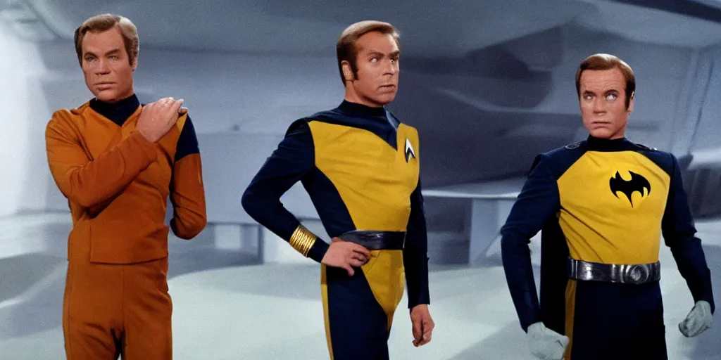 Image similar to ((Batman)) in Starfleet uniform, in the role of Captain Kirk in a scene from Star Trek the original series