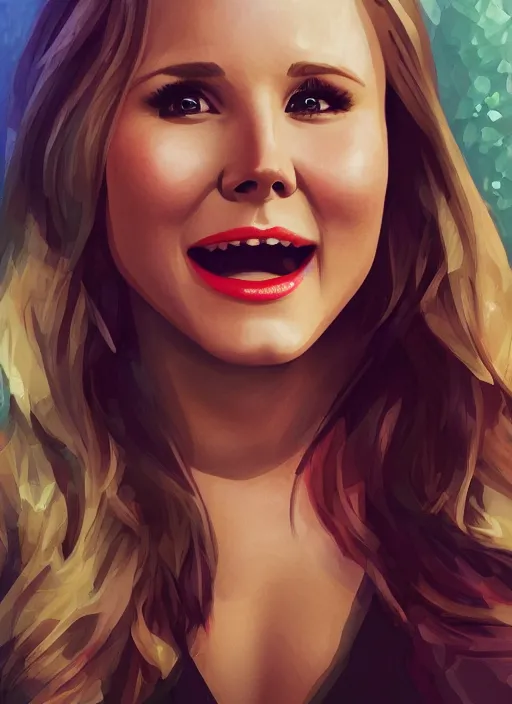 Image similar to portrait of kristen bell winking at the camera and biting her lips, intricate, elegant, highly detailed, photorealistic, trending on artstation, digital art