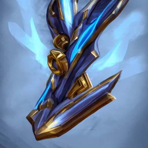 Prompt: a magical golden weapon, d & d, league of legends, concept art, blue background, dramatic lighting. realistic - h 7 6 8