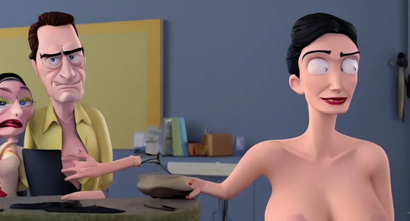 Prompt: Pixar mom animated character hot woman who is a female version of a combination of (Travis Bickle, Tyler Durden, Rick from Rick and Morty, The Wolf of Wall Street, Scarface , Don Draper, Walter White, Alex from A Clockwork Orange, The Joker, and Patrick Bateman) joining the flesh, 3D animated CGI cartoon 8K screenshot, trending on IMDB