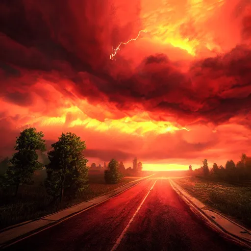 Image similar to burning clouds, thunder, 4k, post-processing, very very detailed, artstation, cute