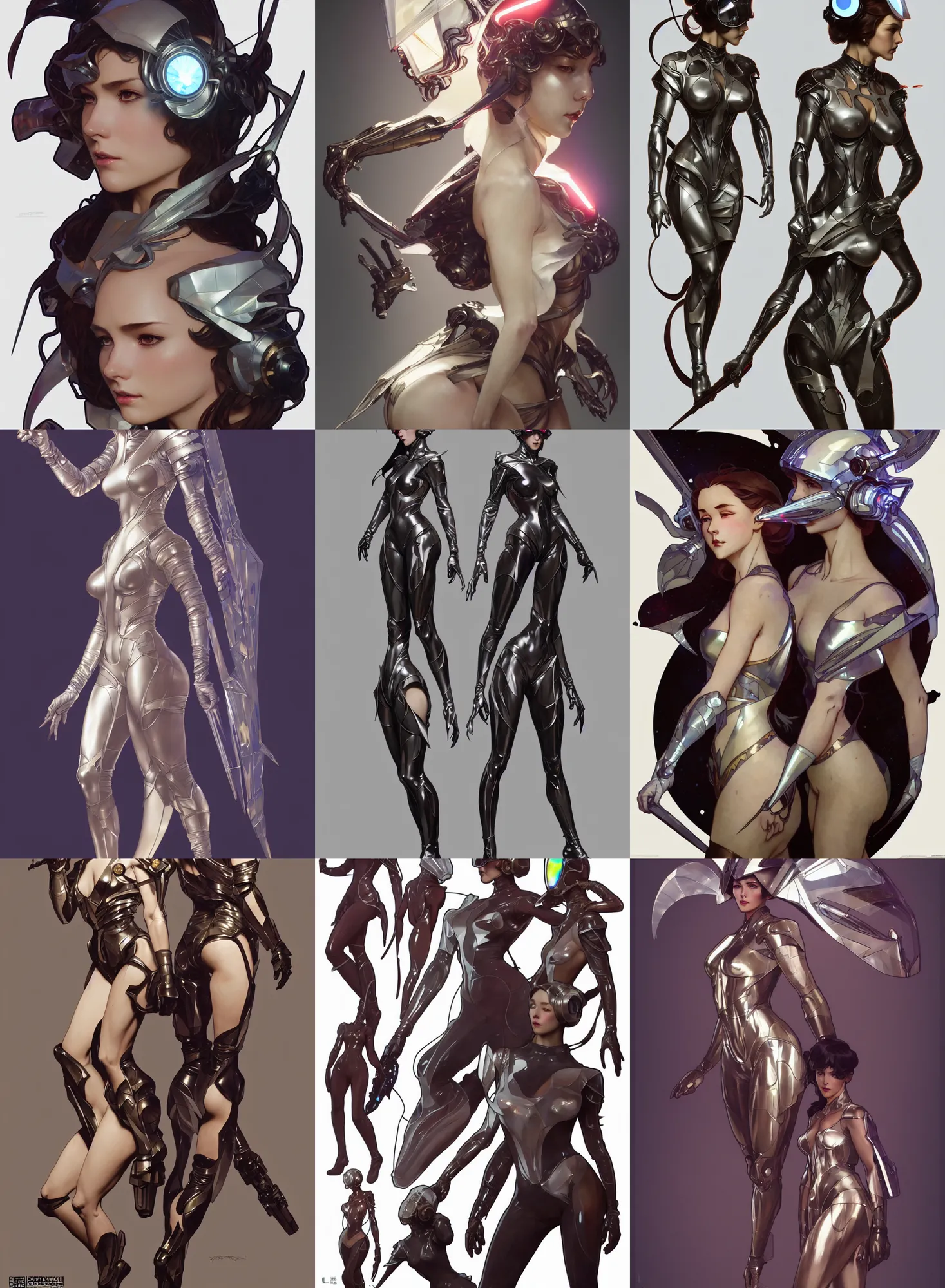 Image similar to a full body character design by artgerm, cushart krenz, greg rutkowski and alphonse mucha. sci - fi dagger. laser and translucent plastic tape project show attctive showgirl!! sci - fi helmet!! sharp edges. ultra clear detailed. contour light effect!! 8 k. ultra detailed, elegant, intricate, octane render.