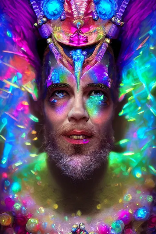 Image similar to portrait of a hyperdimensional jester, neon rainbow quartz, 4k detailed hyperrealistic digital photo by Andy Thomas, Mario Martinez, Daniel Mirante, Gustave Dore, Artstation, CGsociety
