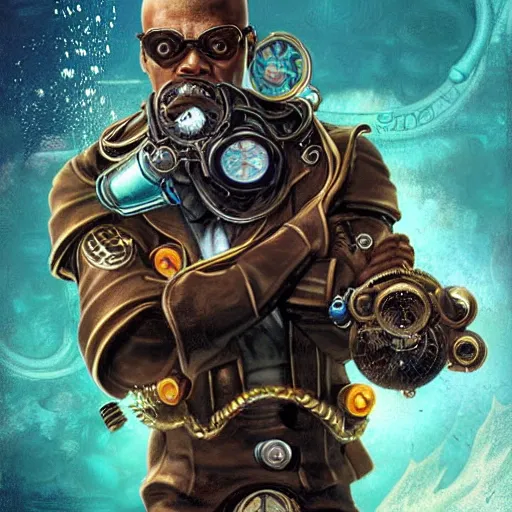 Image similar to underwater bioshock steampunk portrait of Samuel L. Jackson, Pixar style, by Tristan Eaton Stanley Artgerm and Tom Bagshaw.