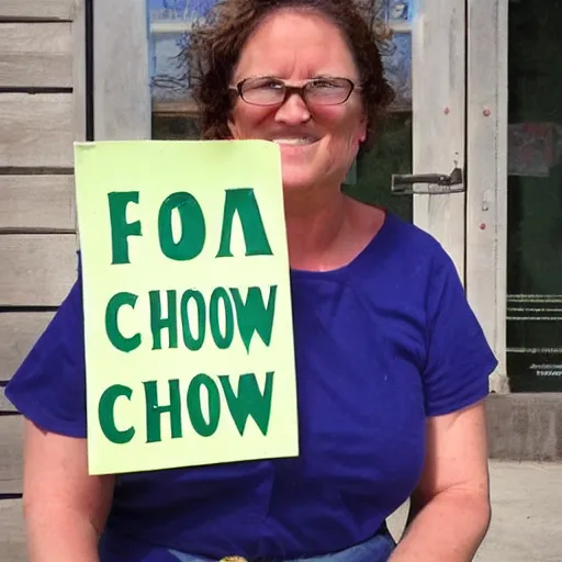 Prompt: A beautiful woman holding a sign that reads Chowning is a Fool.