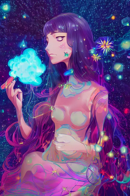 Prompt: psychedelic, whimsical, anime, 4k, beautiful intimate woman blowing smoke, with professional makeup, long trippy hair, a crystal and flower dress, sitting in a reflective pool, surrounded by gems, underneath the stars, rainbow fireflies, trending on patreon, deviantart, twitter, artstation, volumetric lighting, heavy contrast, art style of Ross Tran and Ilya Kuvshinov