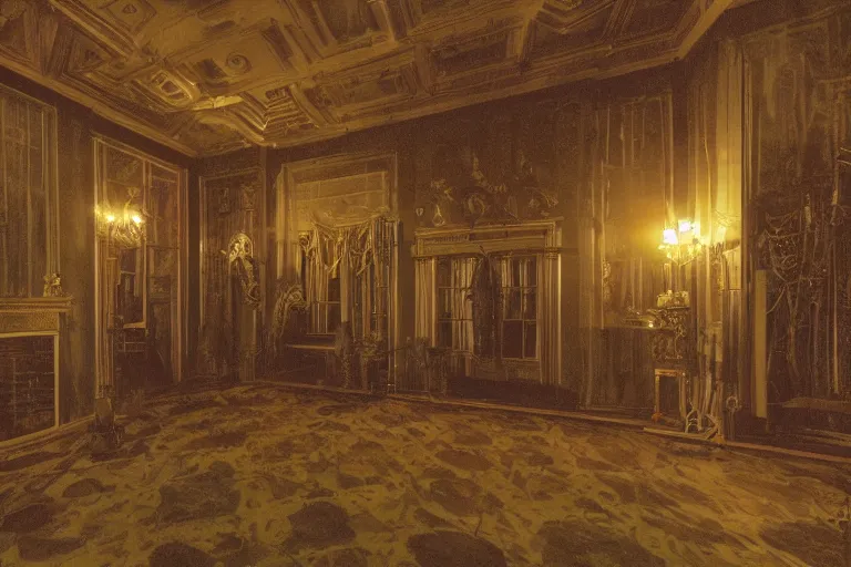 Prompt: full - color digital photo of the interior of a spooky elegant mansion at night. the interior architecture and layout are narrow, labyrinthine, illogical, surreal, bizarre, and complicated. there is a faintly - visible victorian ghost lurking. highly - detailed high - resolution photography.