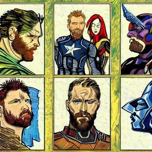 Prompt: Avengers drawn by Van Gogh