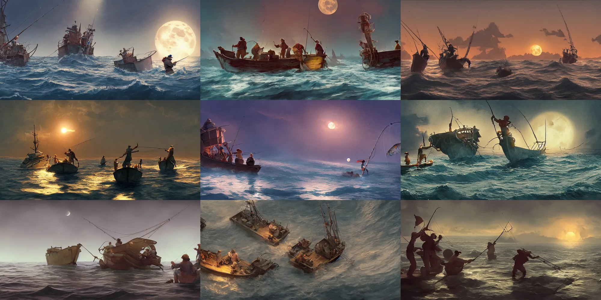 Prompt: fishermen catching fish with rods in their ship at sea, fishing boat from the animated film by Sony Imageworks, Craig Mullins, Robh Ruppel, Yun Ling, Vaughan Ling, Neil Ross, Peter Chan, dramatic lighting, full moon