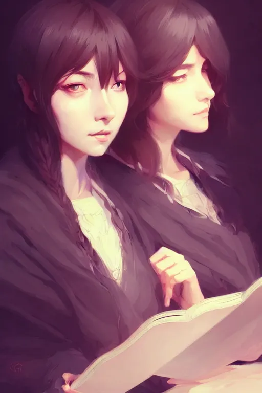 Image similar to portrait of two wise and very beautiful women reviewing some texts, art by guweiz, intricate, elegant, highly detailed, smooth, sharp focus, artstation