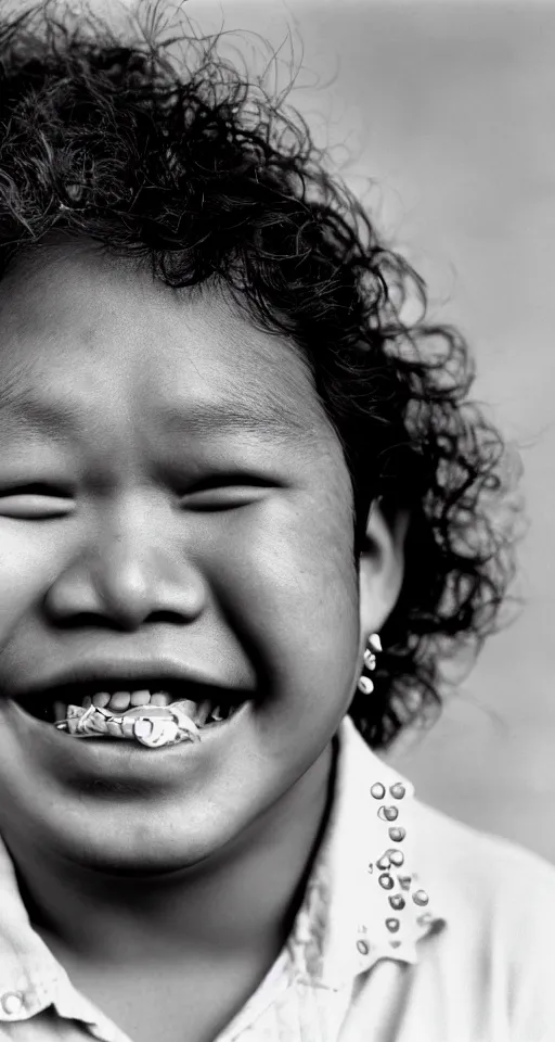 Prompt: close up photograph of a single fat filipino teenage boy smiling with crooked teeth, with a curly perm, and with small studded earings, 4 k, photorealistic, high detail by richard avedon