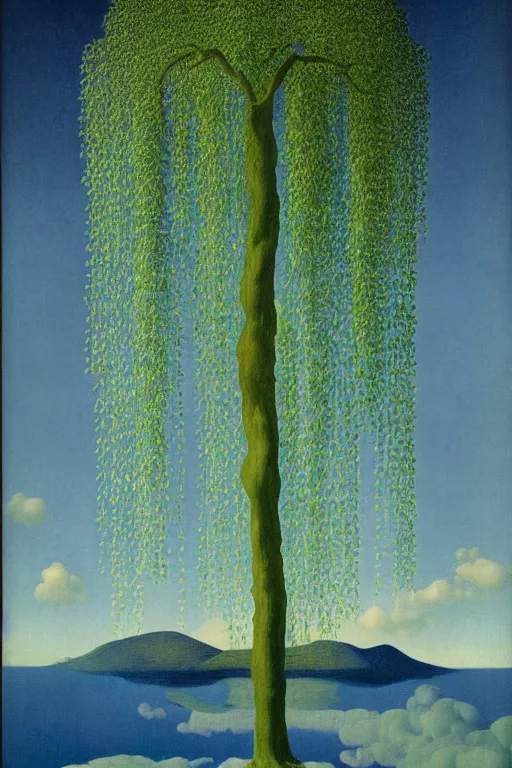 Image similar to weeping willow with an entrance to the entire cosmos by rene magritte and salvadore dali