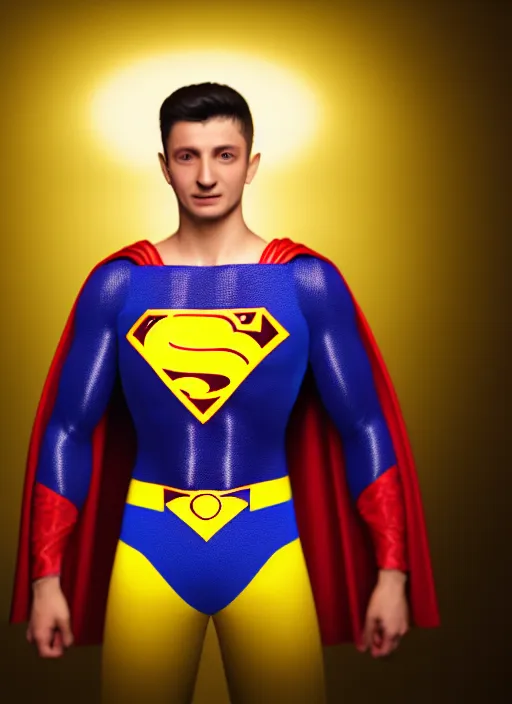 Prompt: volodymyr zelenskyy, ukrainian superman, ukrainian national clothes, portrait of young man, 8 k ultra realistic, lens flare, atmosphere, glow, detailed, intricate, full of colour, led lighting, 4 k, hyperrealistic, focused, extreme details, unreal engine 5, masterpiece