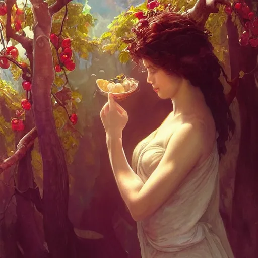 Image similar to eve eating fruit from the tree of knowedge of good and evil in the gardnen of eden, highly detailed, digital painting, artstation, concept art, smooth, sharp focus, illustration, artstation, art by artgerm, greg rutkowski, alphonse mucha, ilya repin and charlie bowater