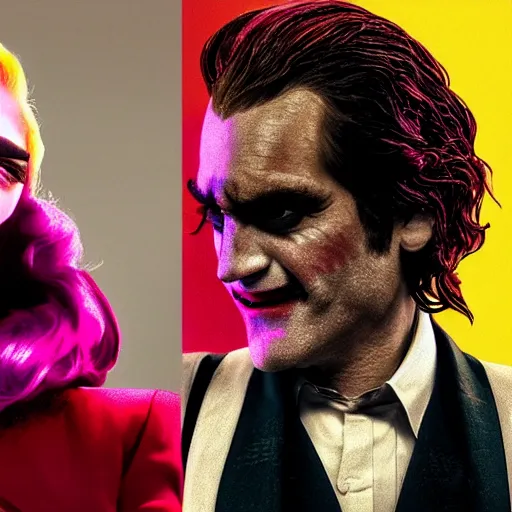 Image similar to detailed 4 k photorealistic lady gaga and joaquin phoenix footage in next joker movie in the style of nick ut and eddie adams and margaret bourke and yousuf karshs and alfred eisenstaedt