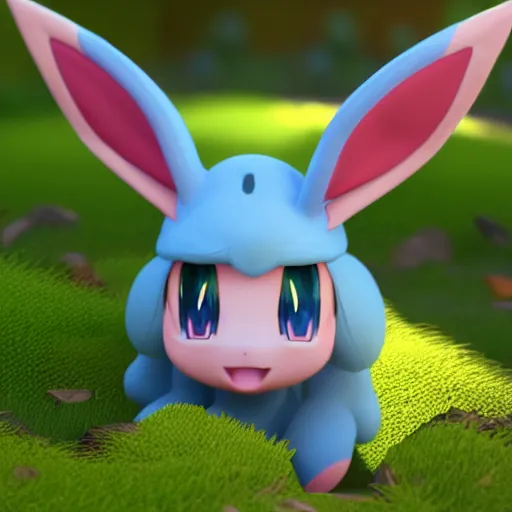 Prompt: nymph render of a very cute 3d eevee pokemon, adorable eyes, cute smile, full round face, bright sunny time, serene forest setting, medium shot, mid-shot, highly detailed, trending on Artstation, Unreal Engine 4k