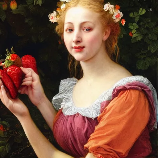 Image similar to A beautiful Blonde Woman with lushes Locks selling strawberries in the style of Sophie Anderson, Portrait