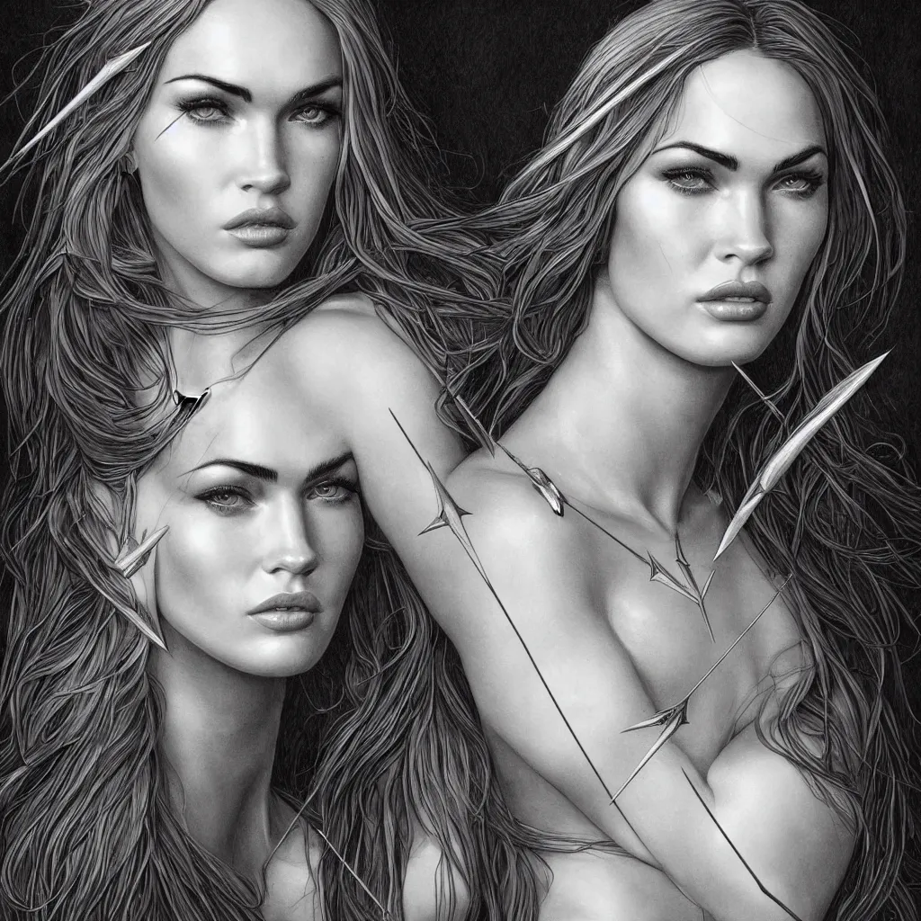 Image similar to portrait of beautiful megan fox as greek goddess aphrodite, archer, arrow on the head, beautiful piercing eyes, flowing blonde hair, realistic face, black and white drawing, in the style of greg rutkowski, fantasy, amazing detail, epic, intricate, elegant, smooth, sharp focus