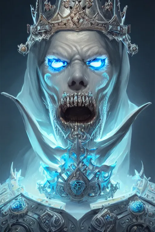 Prompt: highly detailed portrait of an elegant undead lich king, ornate crown, beautiful symmetrical face, glowing skin, digital painting, artstation, concept art, smooth, clear focus, illustration, greg rutkowski, artgerm, global lighting, detailed and fantasy