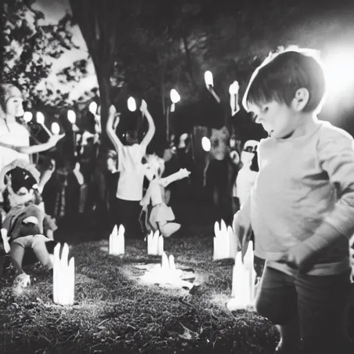 Image similar to satanic ritual at childs birthday party, photography, realism, cinematic