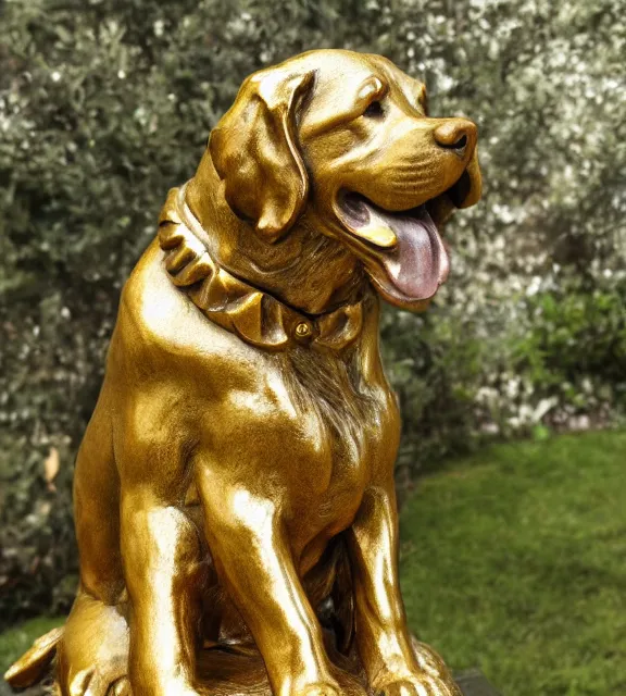 Image similar to a 4 k photorealistic photo medium shot of a bronze statue of a golden retriever.