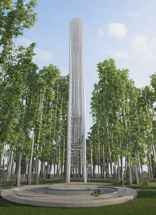 Prompt: highly detailed realistic architecture 3 d render of a stele shukhov tower with rouble icon inside standing in a city park, archdaily, made in unreal engine 4 octane render