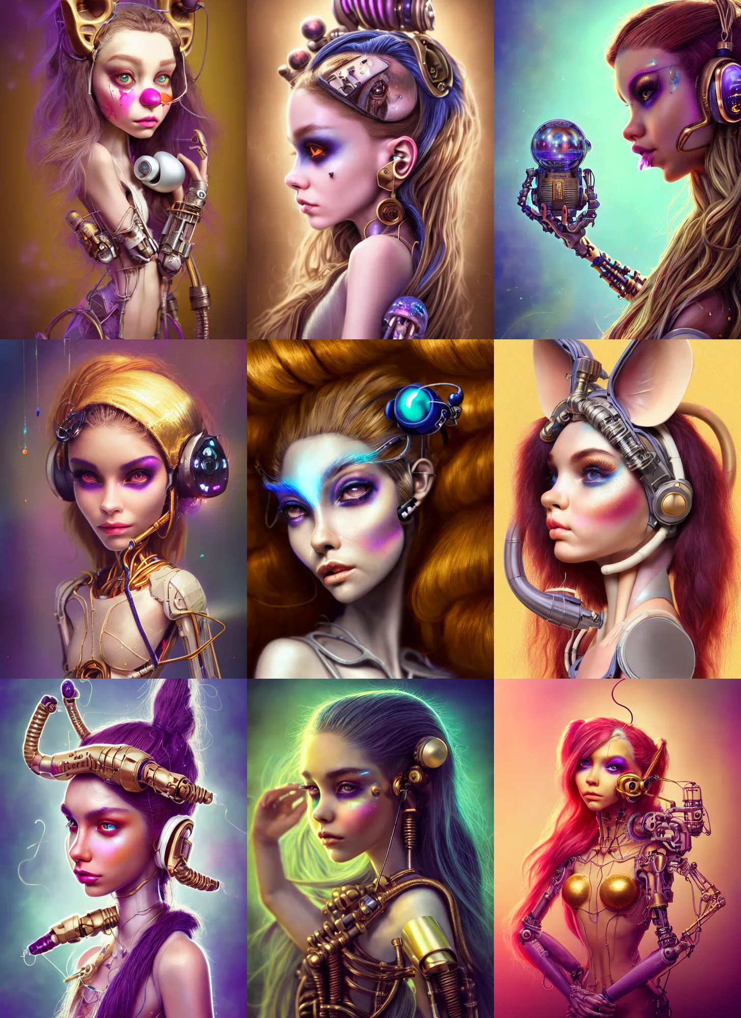 Prompt: disney weta dslr, soft lustrous ivory biotech raver clowncore madison beer broken cyborg, earbuds, golden ratio, details, sci - fi, fantasy, cyberpunk, intricate, decadent, highly detailed, digital painting, ever after high, octane render, artstation, concept art, smooth, sharp focus, illustration, art by artgerm, loish, wlop