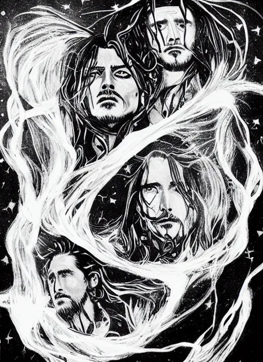 Image similar to black and white pen and ink!!!!!!! Johnny Depp x Ryan Gosling wearing cosmic space robes made of stars final form flowing royal hair golden!!!! Vagabond!!!!!!!! floating magic swordsman!!!! glides through a beautiful!!!!!!! Camellia flower battlefield dramatic esoteric!!!!!! Long hair flowing dancing illustrated in high detail!!!!!!!! by Moebius and Hiroya Oku!!!!!!!!! graphic novel published on 2049 award winning!!!! full body portrait!!!!! action exposition manga panel black and white Shonen Jump issue by David Lynch eraserhead and beautiful line art Hirohiko Araki!! Rossetti, Millais, Mucha, Jojo's Bizzare Adventure, baroque bedazzled gothic royalty frames surrounding a pixelsort emo demonic horrorcore japanese Edward Scissorhands, sharpened early computer graphics, remastered chromatic aberration, spiked korean bloodmoon sigil stars draincore, gothic demon hellfire hexed witchcore aesthetic, dark vhs gothic hearts, neon glyphs spiked with red maroon glitter breakcore art