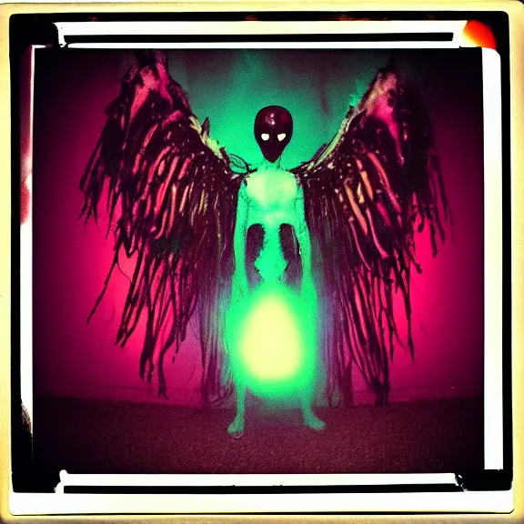 Image similar to a dark artistic photo of an alien creature with crazy wings, liminal eerie midnight backlit, big budget horror, a polaroid photo, bleeding decaying colors!