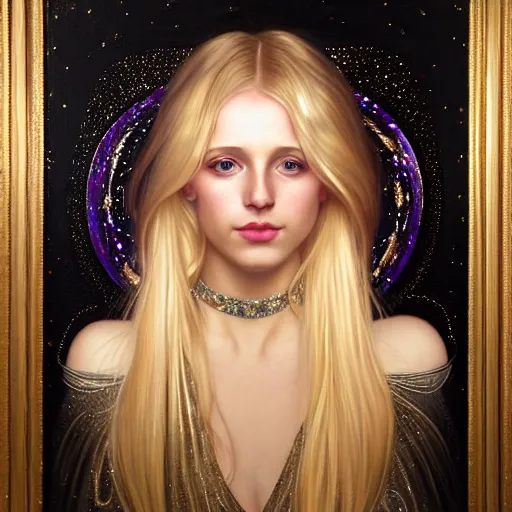 Image similar to portrait of a blonde girl surrounded by shimmering reflective gems, face, fantasy, intricate, elegant, dramatic lighting, highly detailed, lifelike, photorealistic, digital painting, artstation, concept art, smooth, sharp focus, illustration, art by John Collier and Krenz Cushart and Artem Demura and Alphonse Mucha and and Albert Aublet