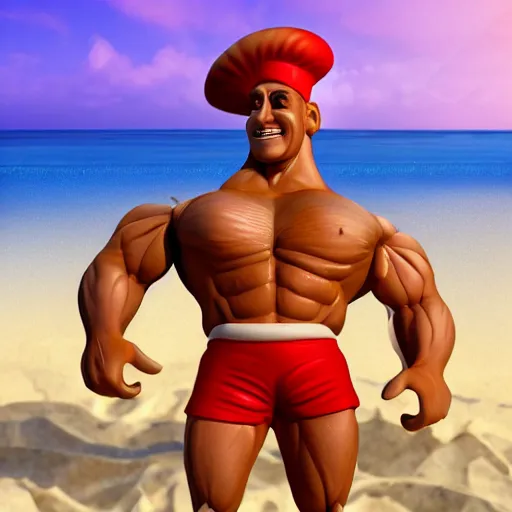 Prompt: render of muscular pizza man, beach background