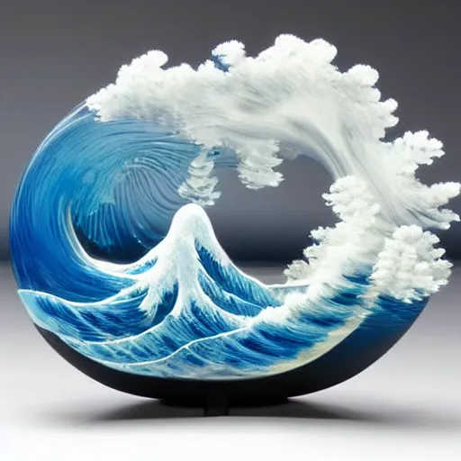 Prompt: a blown glass sculpture of a wave on a table in the style of the great wave off kanagawa, texture by ivan aivazovsky, pastel coloring