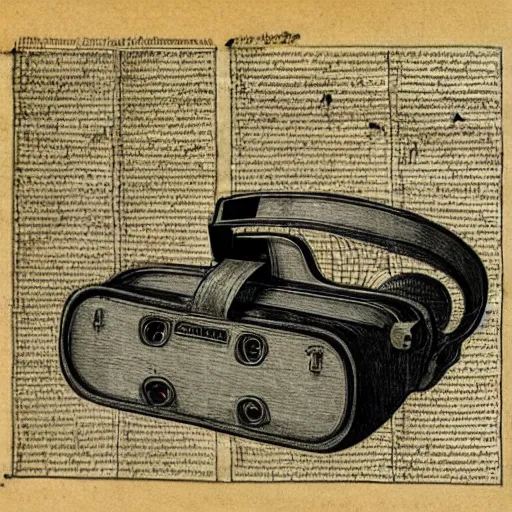 Prompt: Vintage, detailed, sketch of Oculus Rift, with full descriptions, on parchment, as depicted in Leonardo da Vinci's Codex Atlanticus